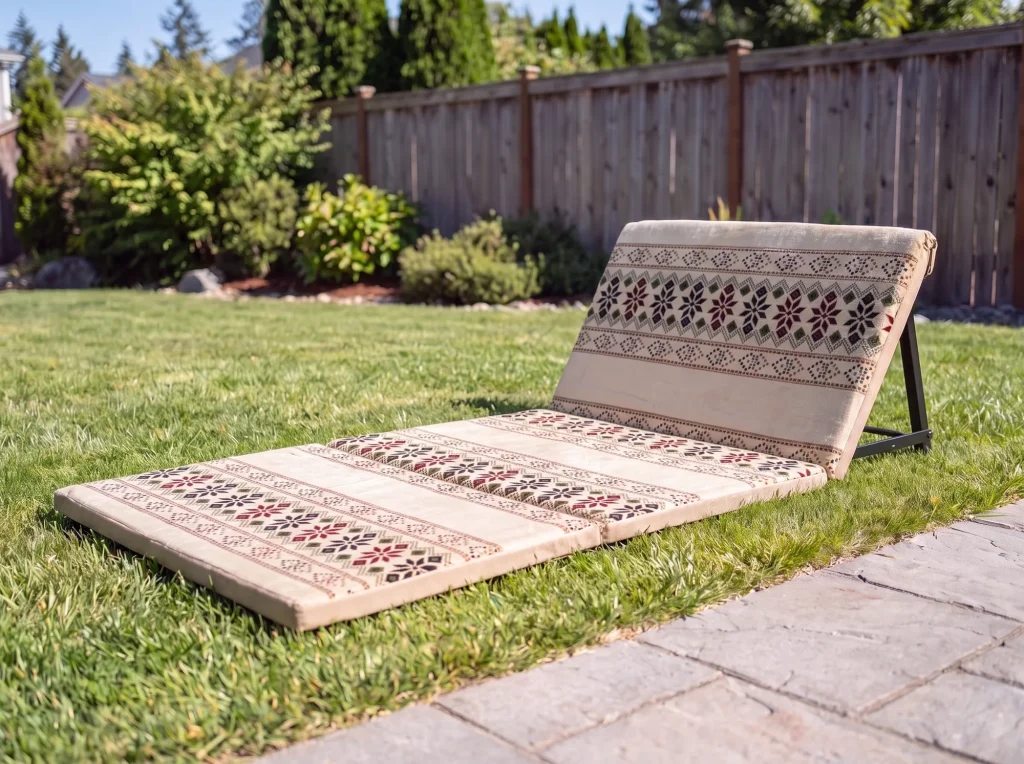 Beige folding Arabic sunbed lounger with star-motif bands angled on a sunny lawn beside stone paving