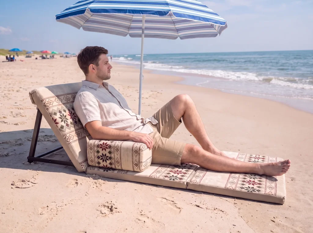 The same kind of folding sunbed used as a lounger on the beach