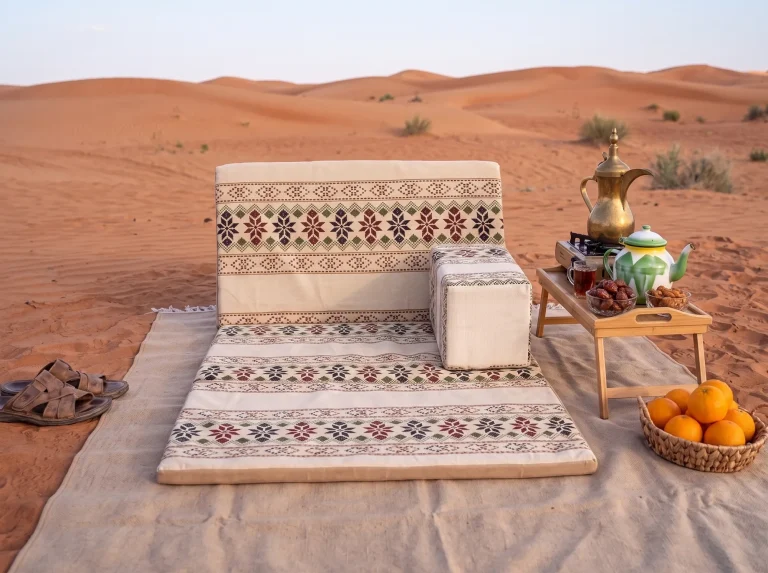 Front view of a beige embroidered-look Arabic sunbed lounger on a rug in the dunes with a tray table
