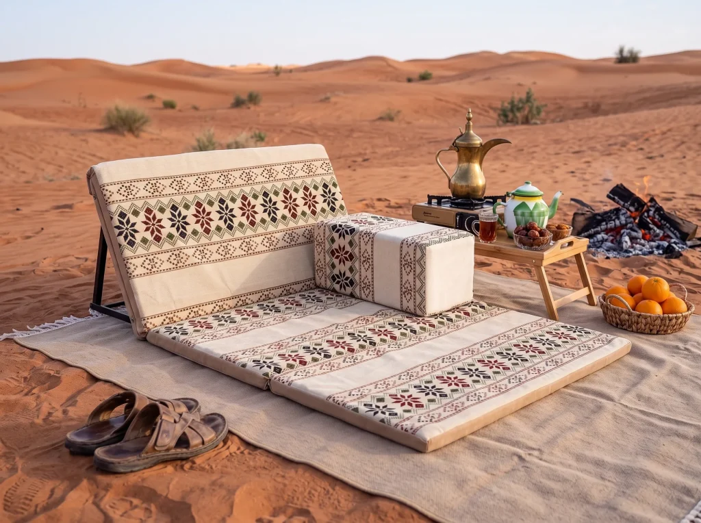 Beige star-band Arabic sunbed lounger with armrest on a plain rug in the desert beside a tea table and fire