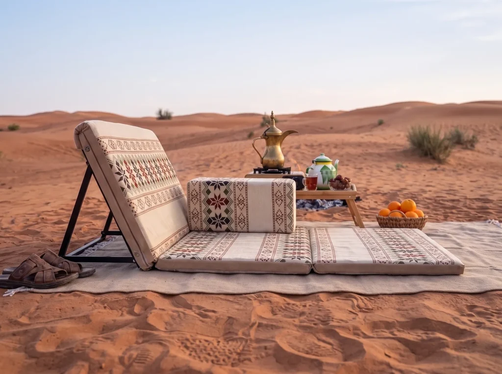 Side profile of a beige folding Arabic sunbed lounger with armrest on a rug in the desert, dallah behind