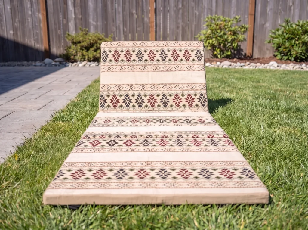 Beige folding Arabic sunbed lounger with burgundy and navy star bands, seen from the foot end on a lawn