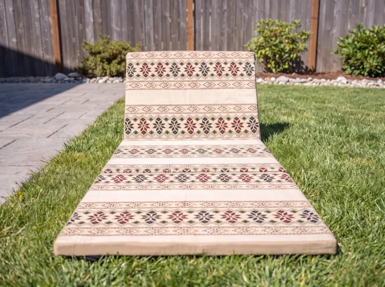 Beige folding Arabic sunbed lounger with burgundy and navy star bands, seen from the foot end on a lawn