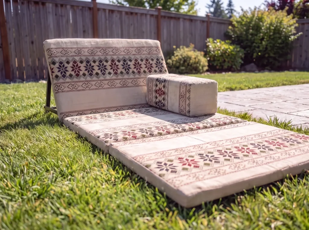 Low close angle of a beige star-band Arabic sunbed lounger with a matching armrest block on grass