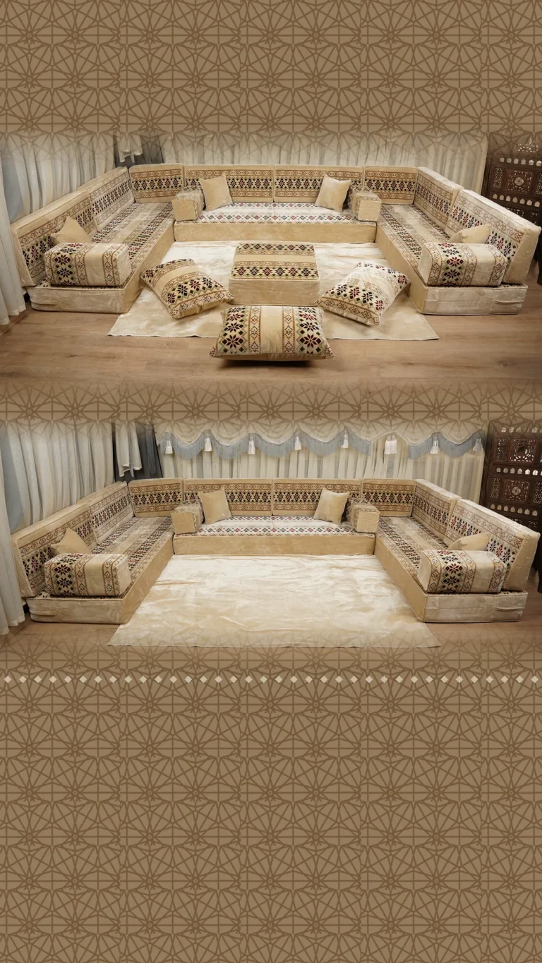 Beige floor seating set in a U shape with red and black woven-band cushions, shown with and without its pouf