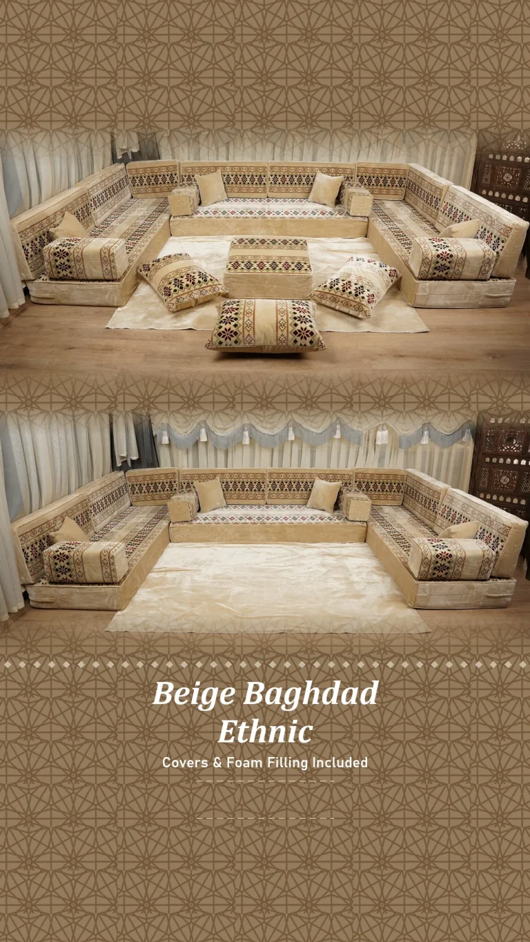 Beige U-shaped floor seating set with banded ethnic embroidery pattern, shown furnished and with an open centre