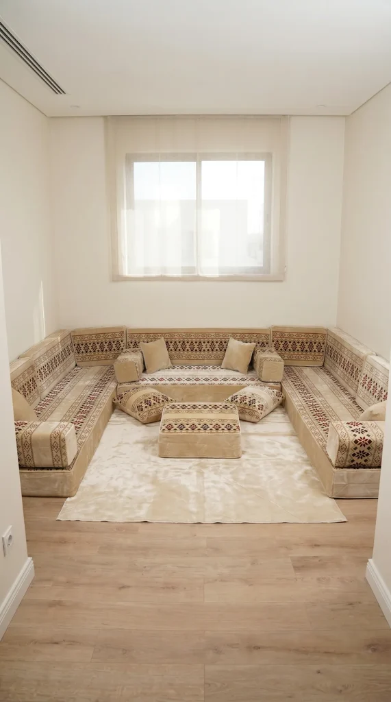 Beige Arabic floor couch with burgundy star bands in a U shape under a curtained window