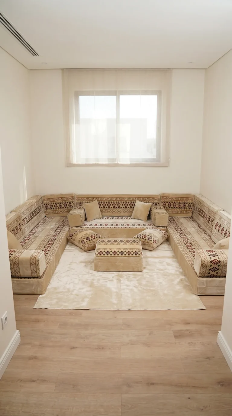 Beige Arabic floor couch with burgundy star bands in a U shape under a curtained window