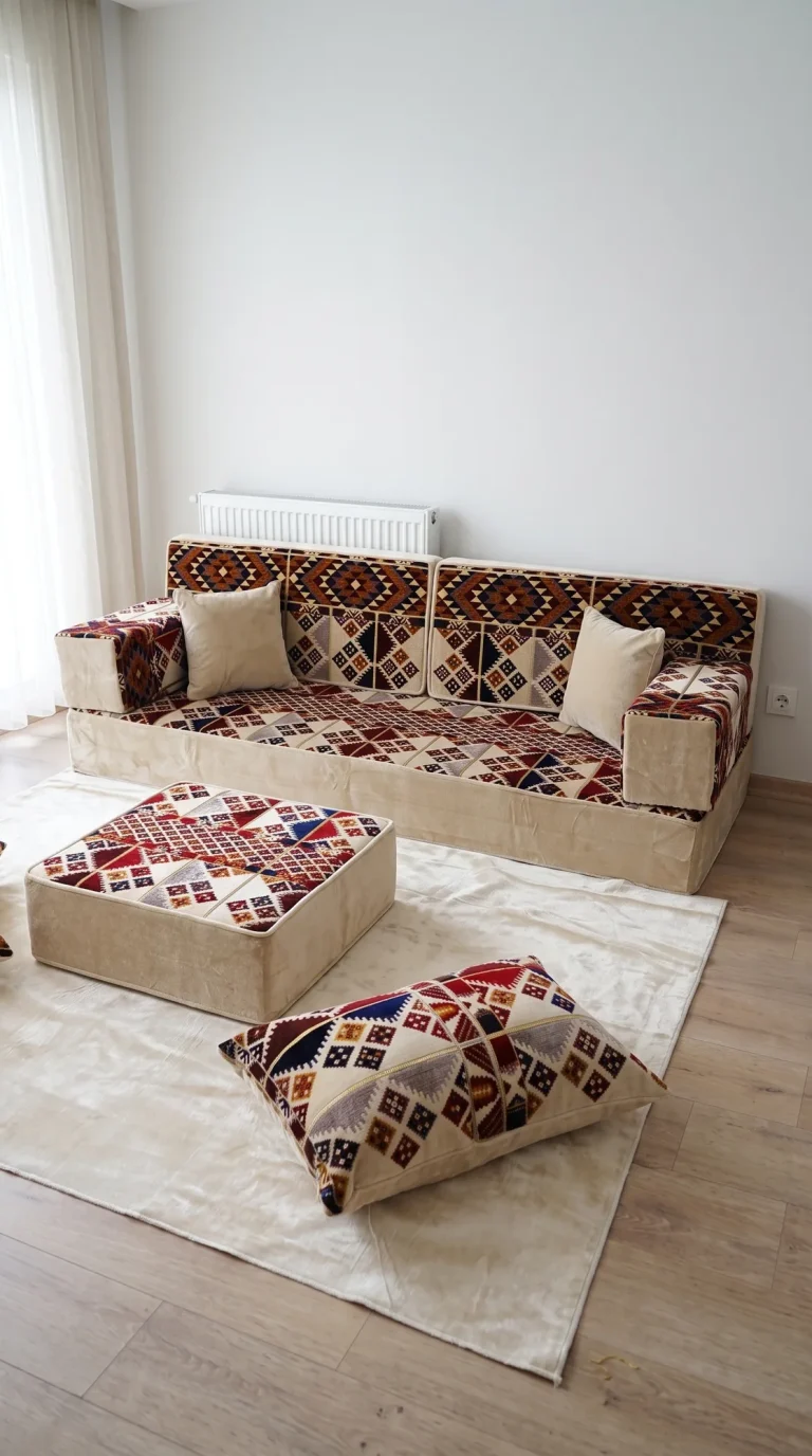 Beige velvet floor seating set with burgundy and navy kilim panels, ottoman and one floor cushion