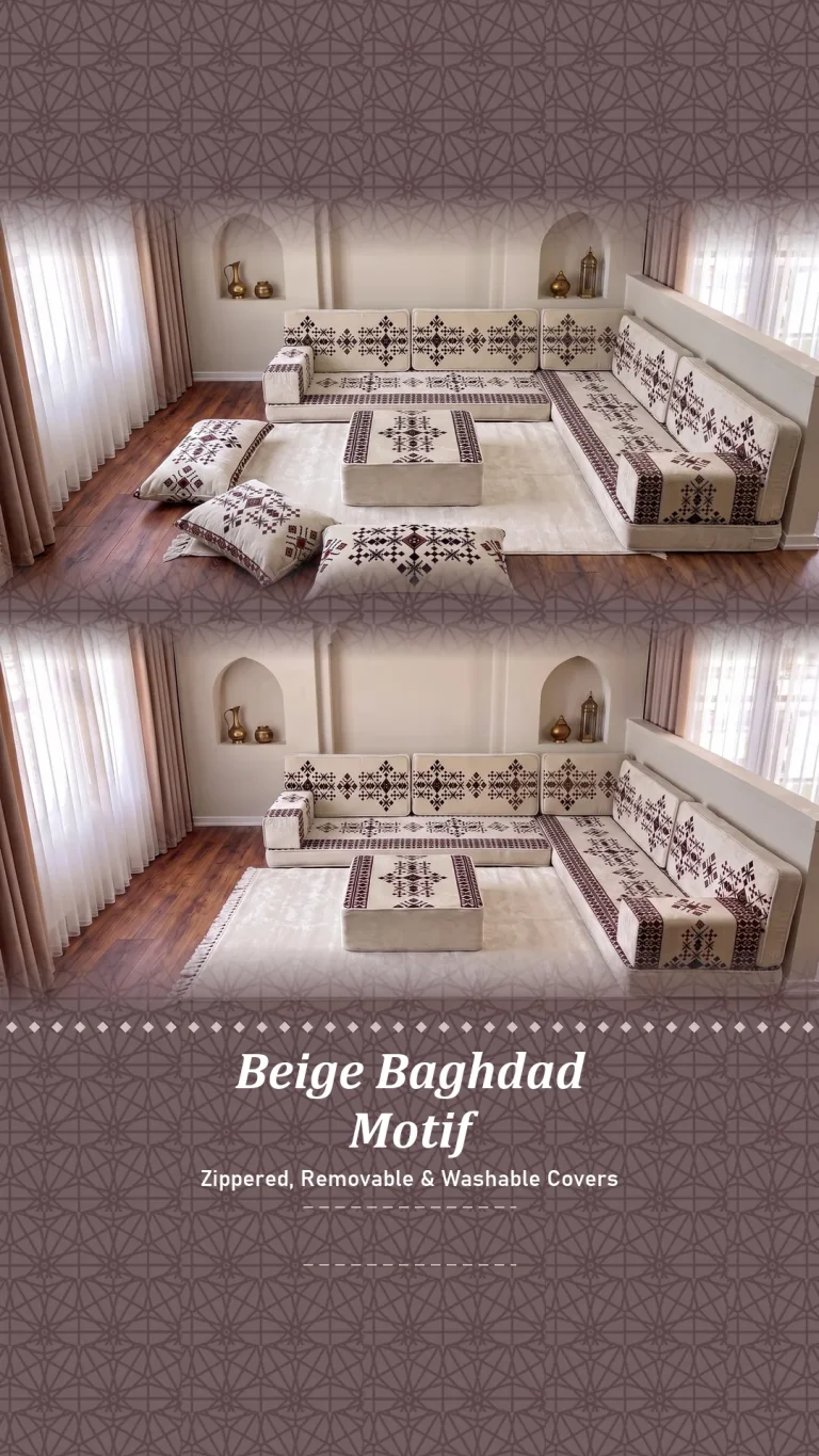 Beige and maroon embroidered-look Arabic floor couch in a corner layout beneath two arched wall niches