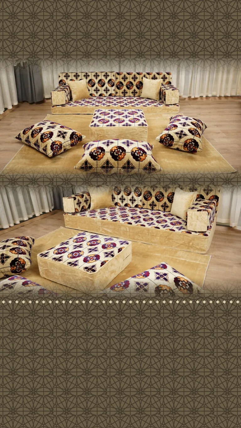 Beige velvet Arabic floor sofa with purple and orange flower-and-cross printed cushions, pouf and floor cushions
