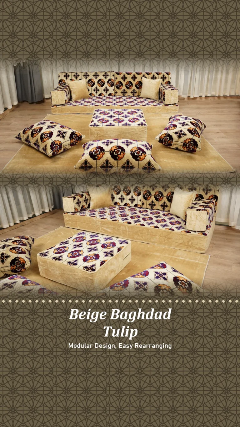 Beige floor seating set printed with purple and orange flowers, seen from the front and from a side angle