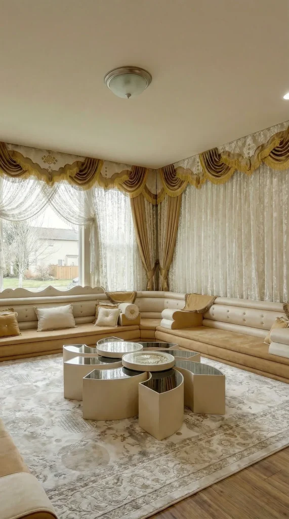 Beige and cream majlis sofa with scalloped tufted backs around a petal-shaped mirrored coffee table and gold swag curtains