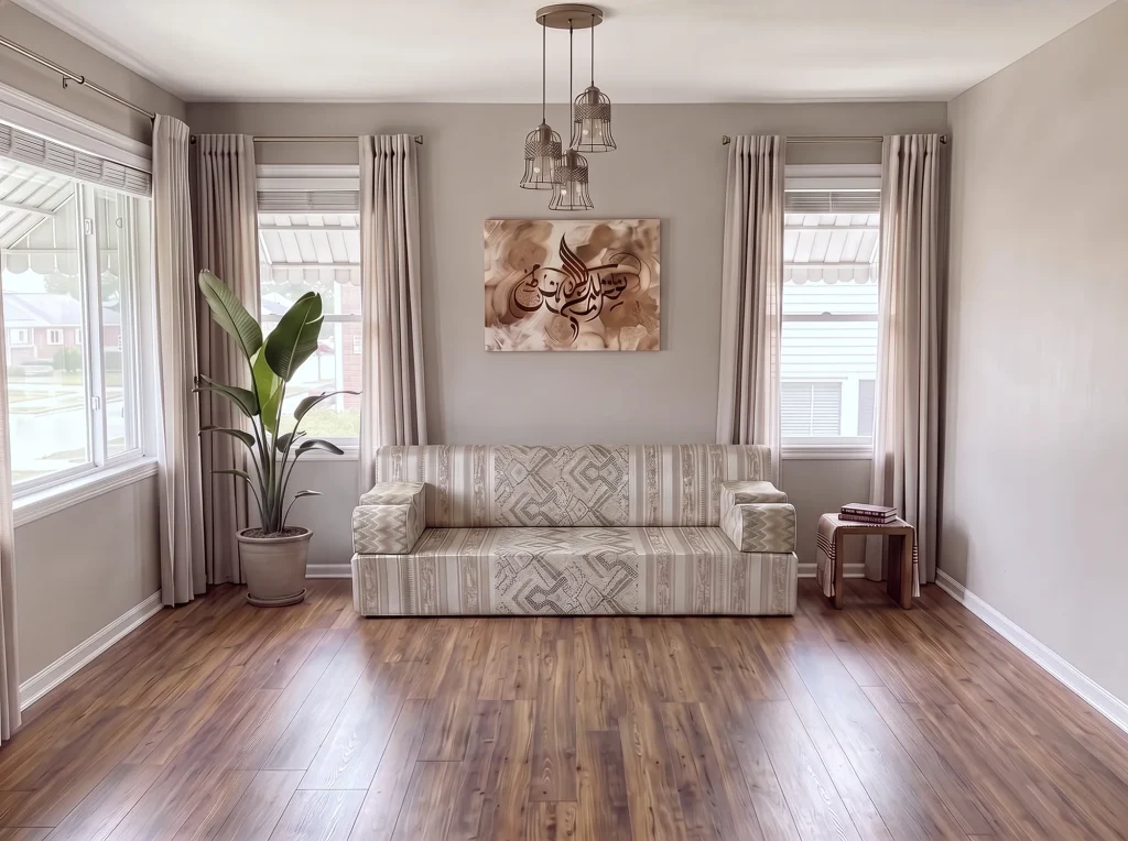 Single beige kilim-pattern majlis sofa centred under a calligraphy canvas between windows