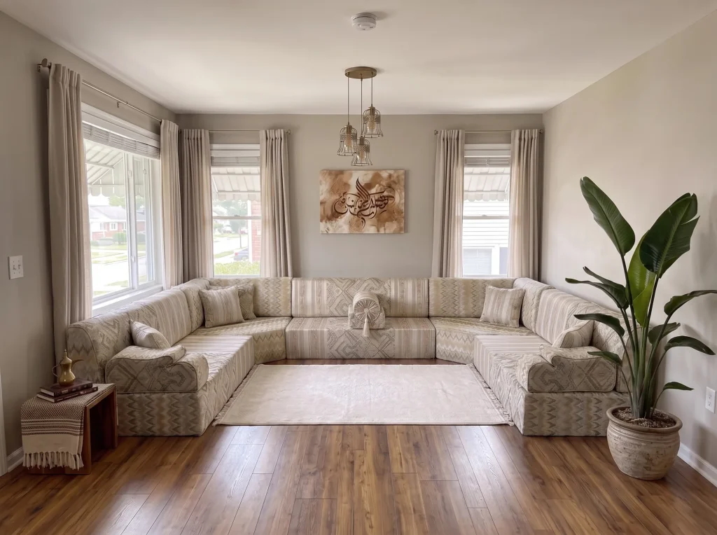 Beige flame-kilim U-shaped Arabic jalsa with a cream rug in a grey living room with wood floors