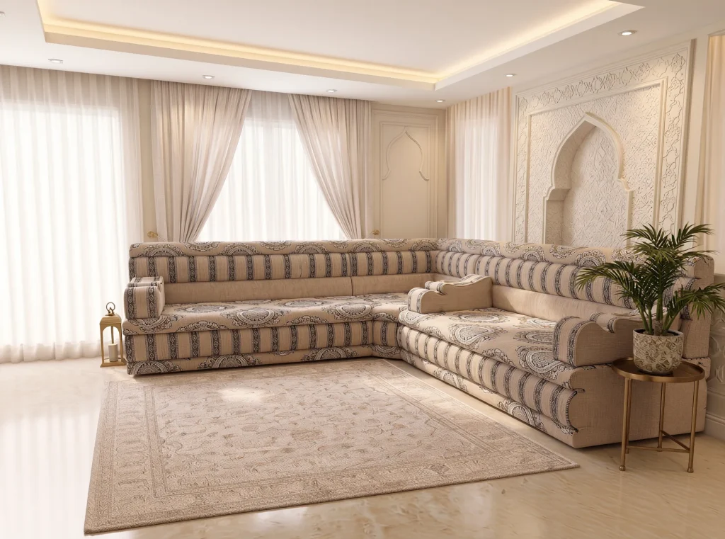 Beige medallion and striped majlis sofa in an L shape before tall draped windows with a potted palm