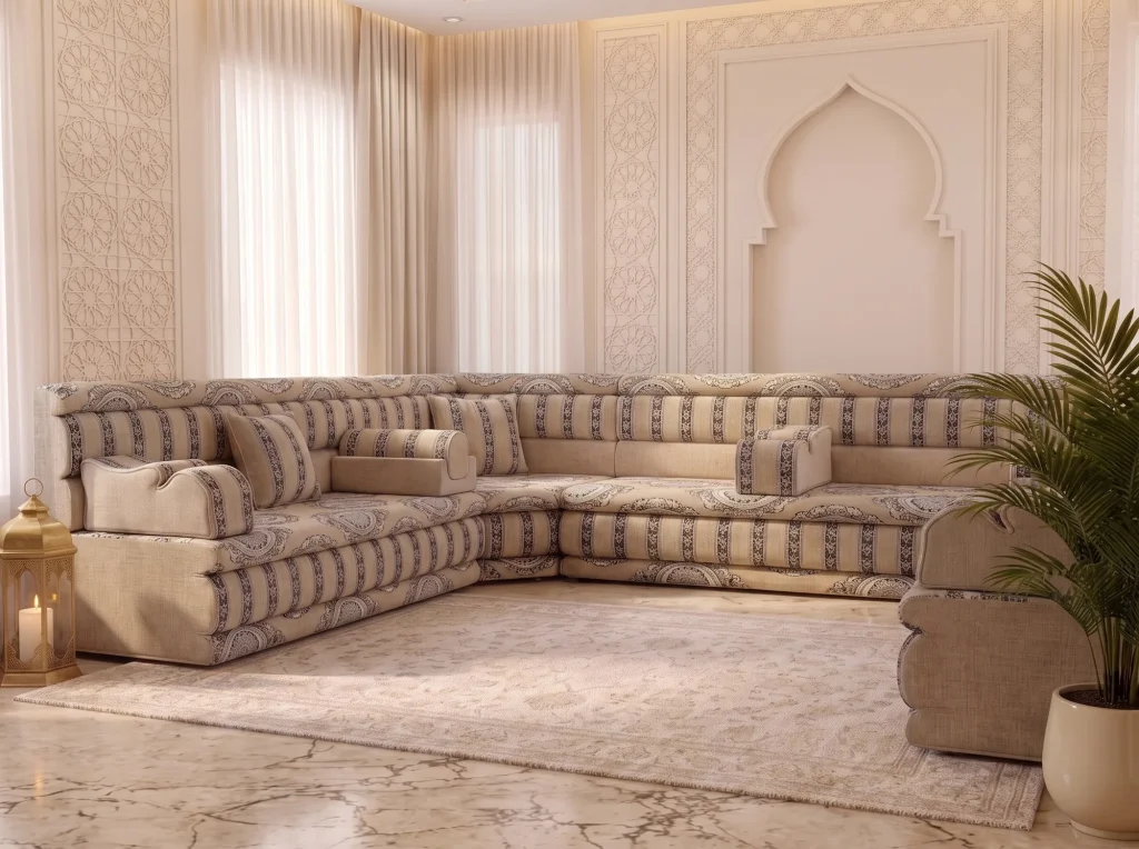 Beige and charcoal striped majlis sofa set in a corner beneath a carved arch wall and sheer curtains