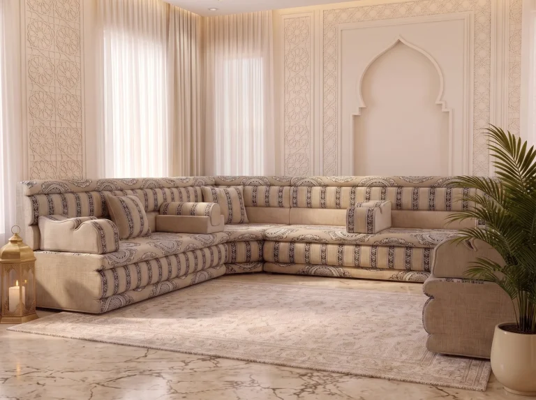 Beige and charcoal striped majlis sofa set in a corner beneath a carved arch wall and sheer curtains