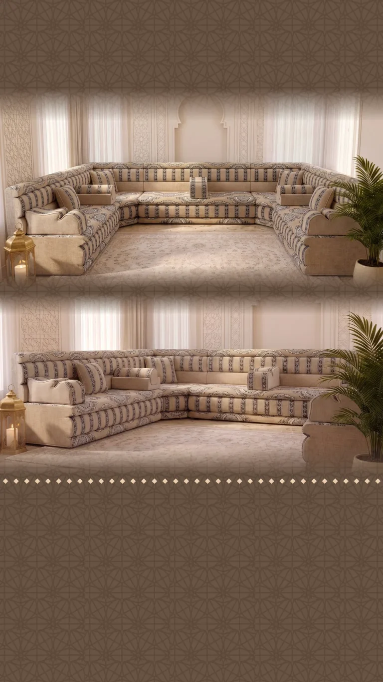 Beige Arabic majlis in a U shape with navy stripes, medallion seat fabric and scrolled armrests in an arched room