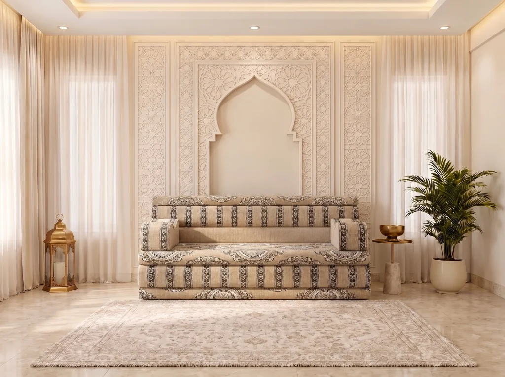 Single beige Arabic jalsa with medallion seat and charcoal-striped backrest centred beneath an arch niche