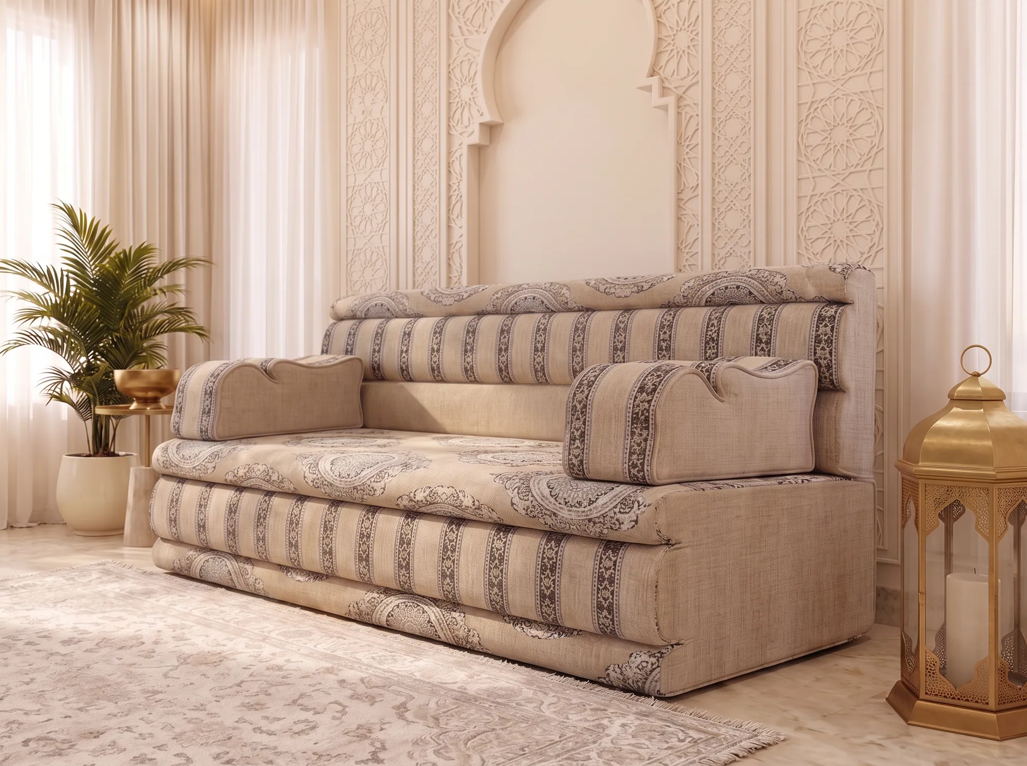 Single beige medallion majlis seating set with scalloped armrests seen from the right beside a lantern