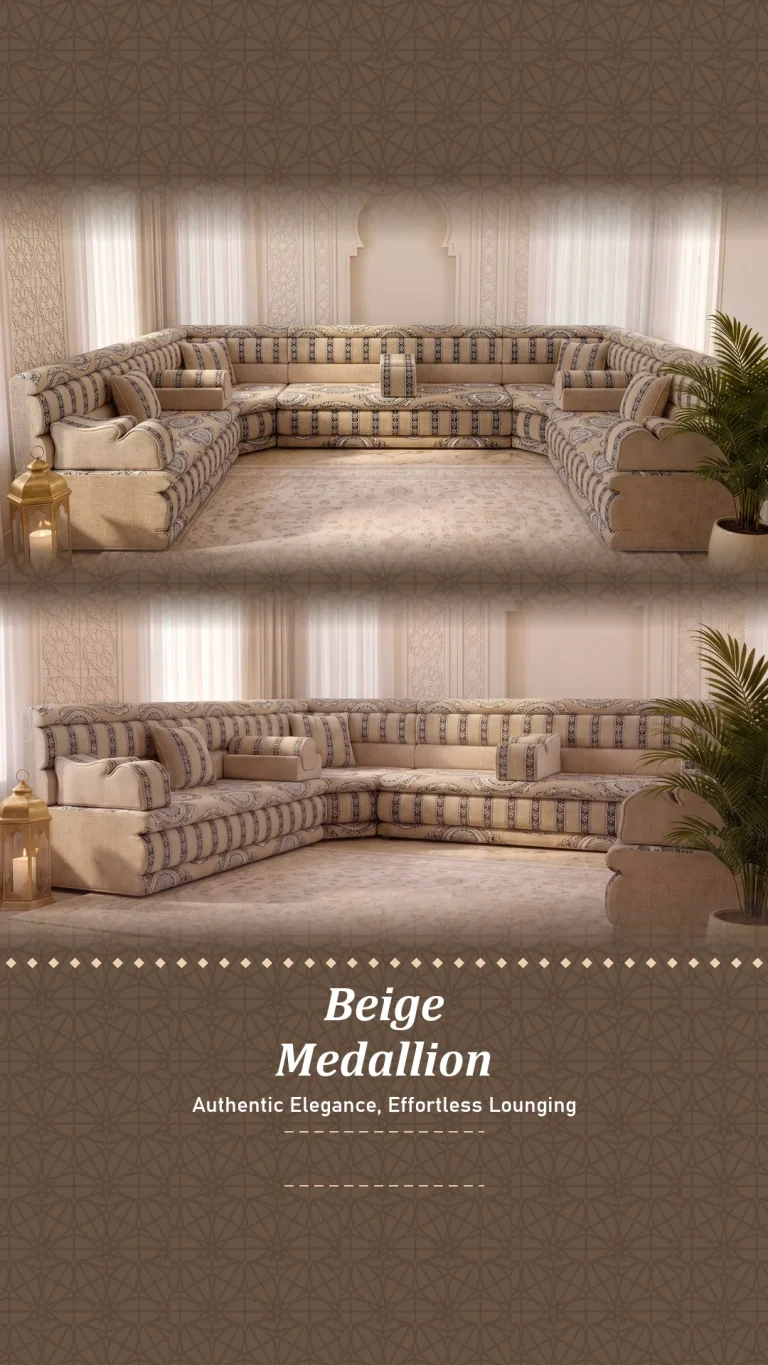 Beige striped upholstered majlis seating with scalloped bases around a cream rug, in front and side views