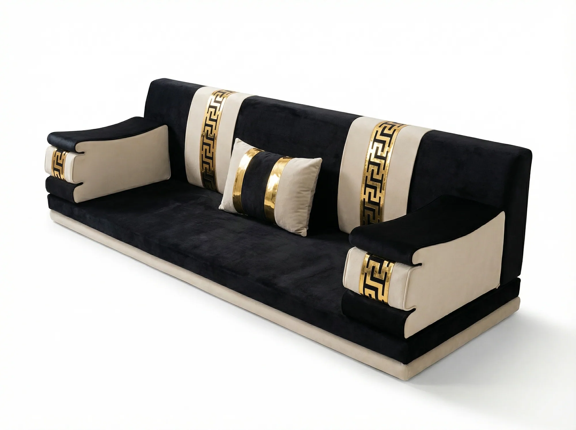 Low black velvet majlis sofa with beige bands and gold key-pattern strips on the backrest and wedge armrests