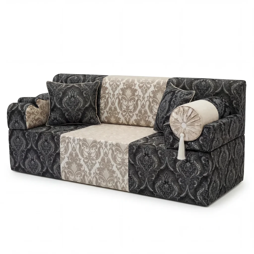Black damask chenille majlis sofa unit with a champagne damask centre panel, two cushions and a tasselled bolster