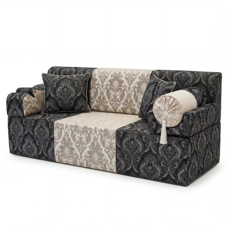 Black damask chenille majlis sofa unit with a champagne damask centre panel, two cushions and a tasselled bolster