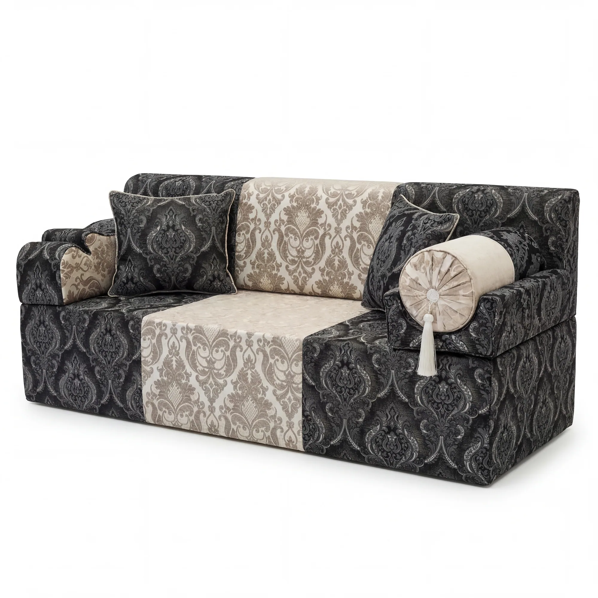 Black damask chenille majlis sofa unit with a champagne damask centre panel, two cushions and a tasselled bolster