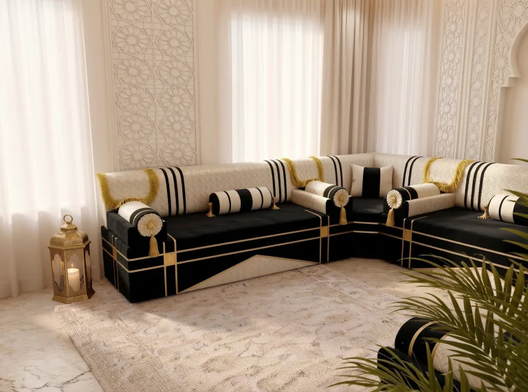 Black and cream Arabic majlis with striped bolsters seen across a corner, palm fronds partly covering the foreground
