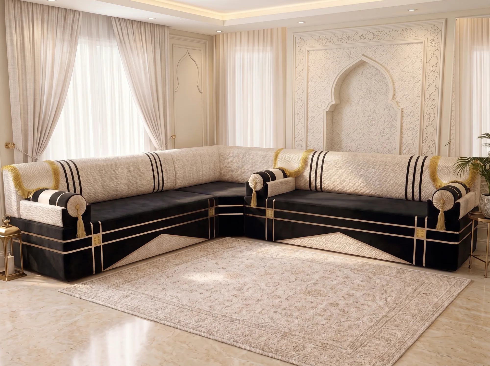 L-shaped black and cream majlis sofa with gold-fringed arm covers and clear seats beside a cream rug