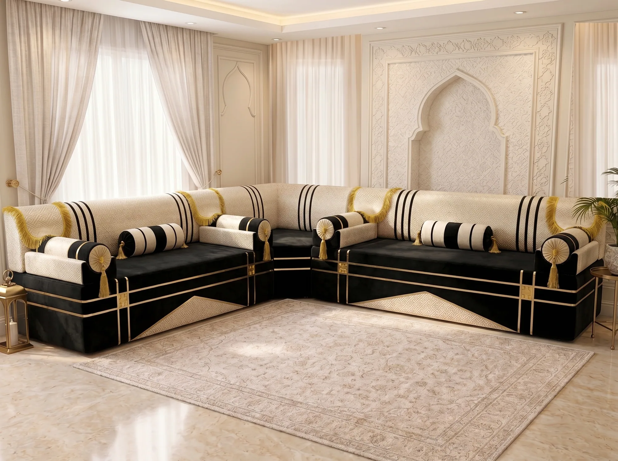 L-shaped black and cream majlis sofa with striped bolster cushions and gold tassels around a cream rug