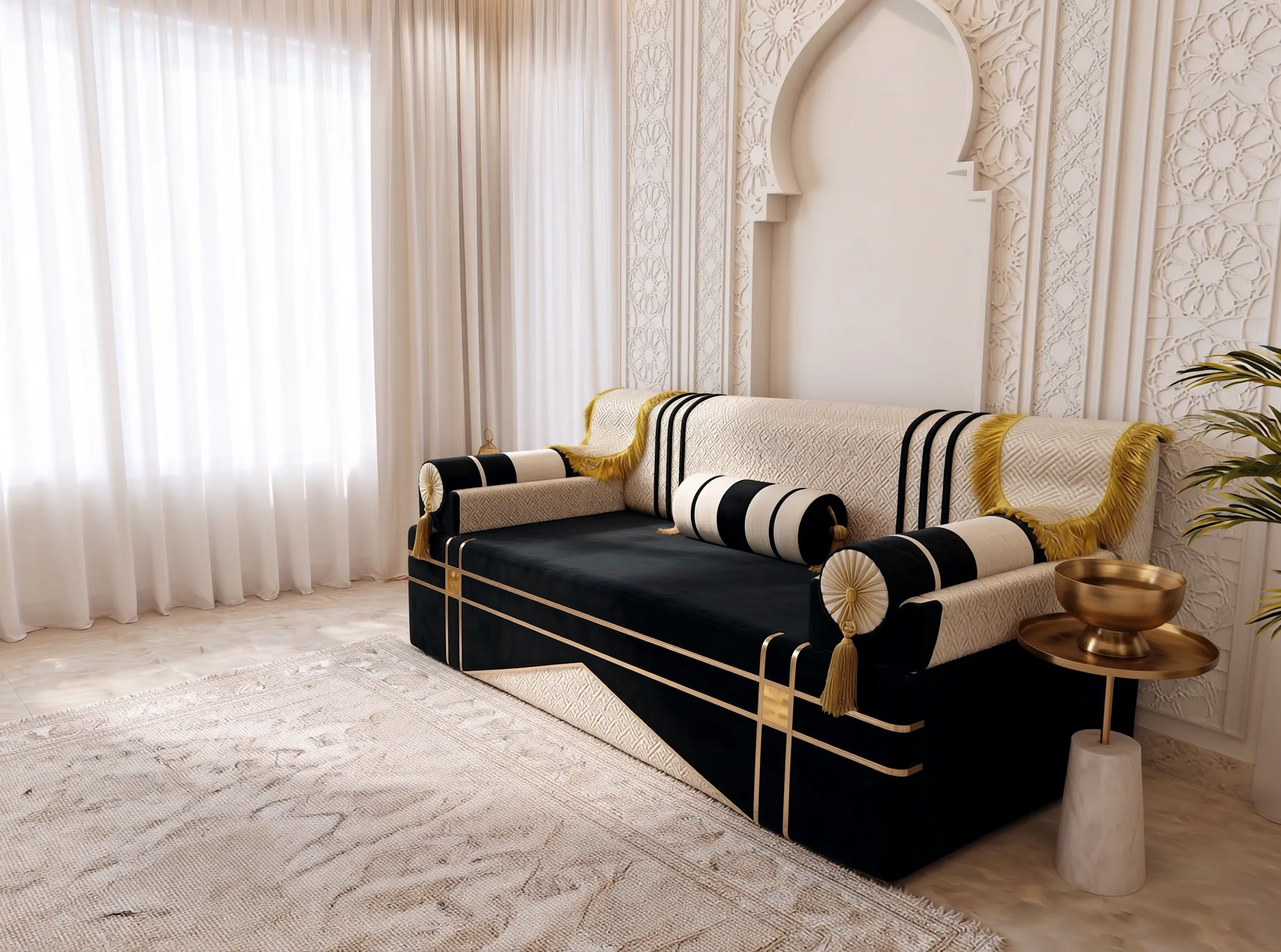 Angled view of a single black and cream majlis sofa set seat with striped bolsters and gold-fringed arm covers