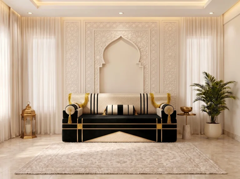 Front view of a single black and cream majlis sofa seat with a striped bolster cushion under a carved arch