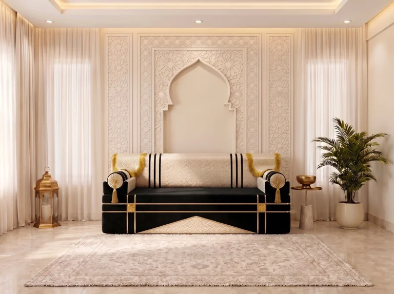 Front view of a single black and cream Arabic majlis with gold tassels and no loose cushions