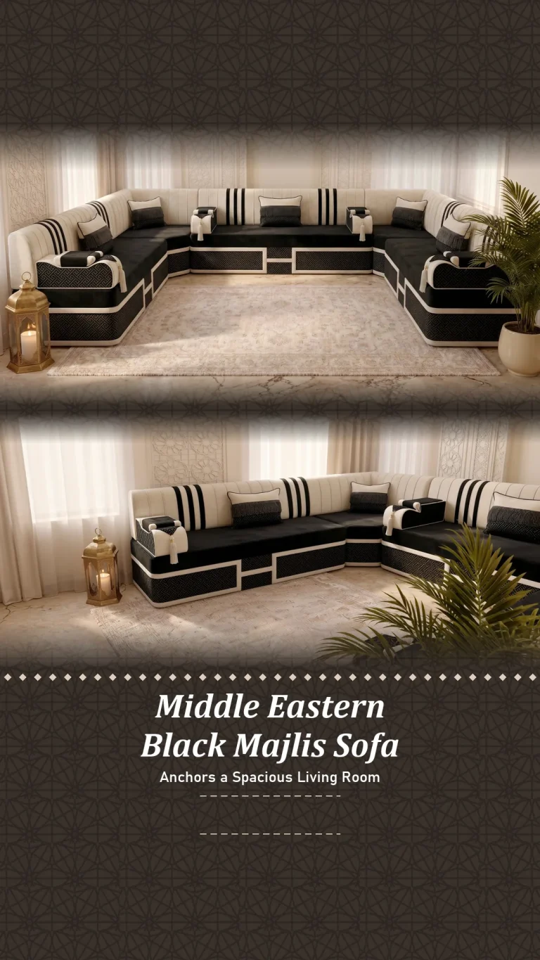 Black quilted seats with cream striped backs form a U-shaped majlis sofa on a marble floor, in two angles