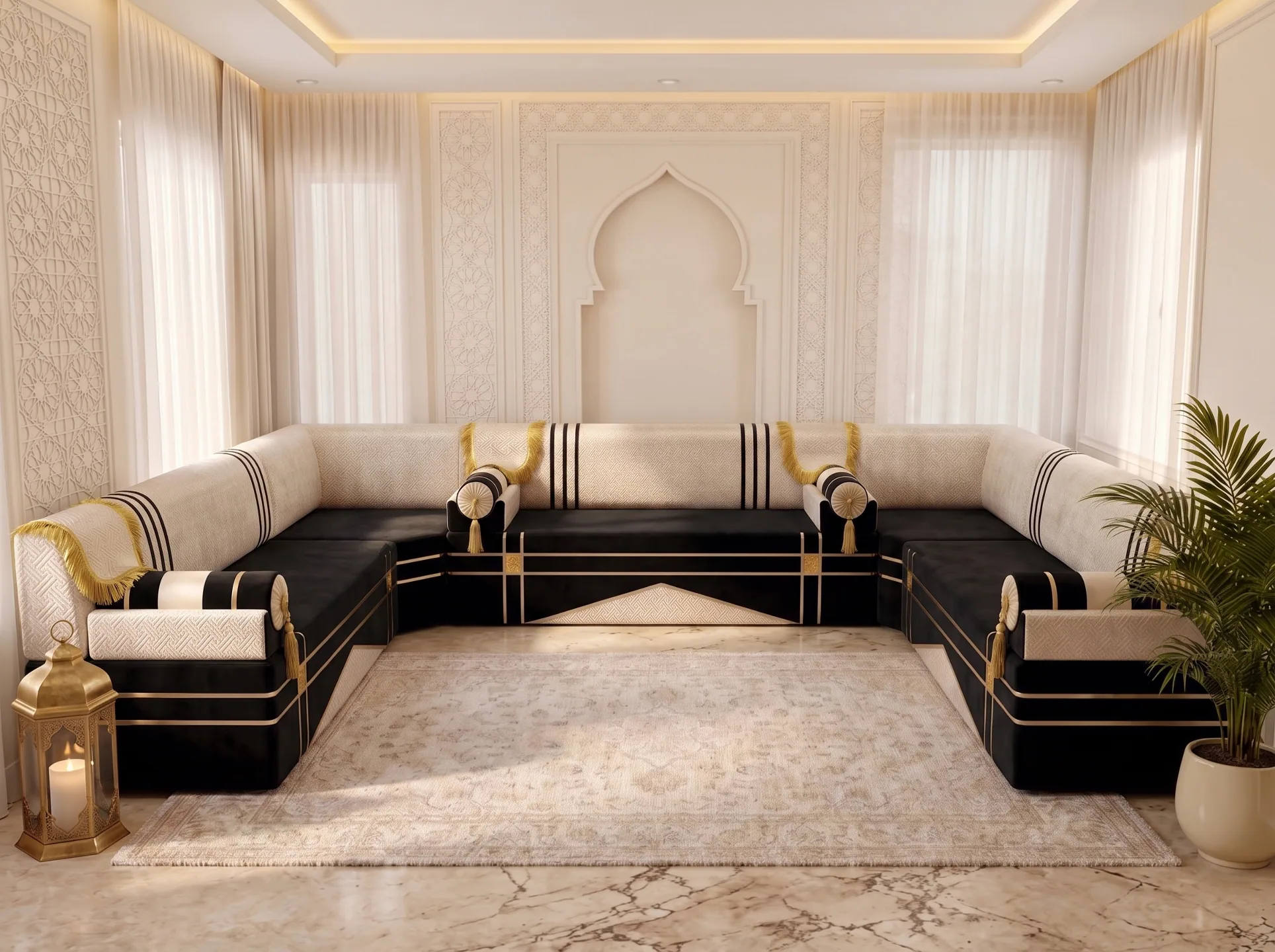 U-shaped black and cream Arabic majlis with gold trim lines seen straight on in a cream room with marble floor