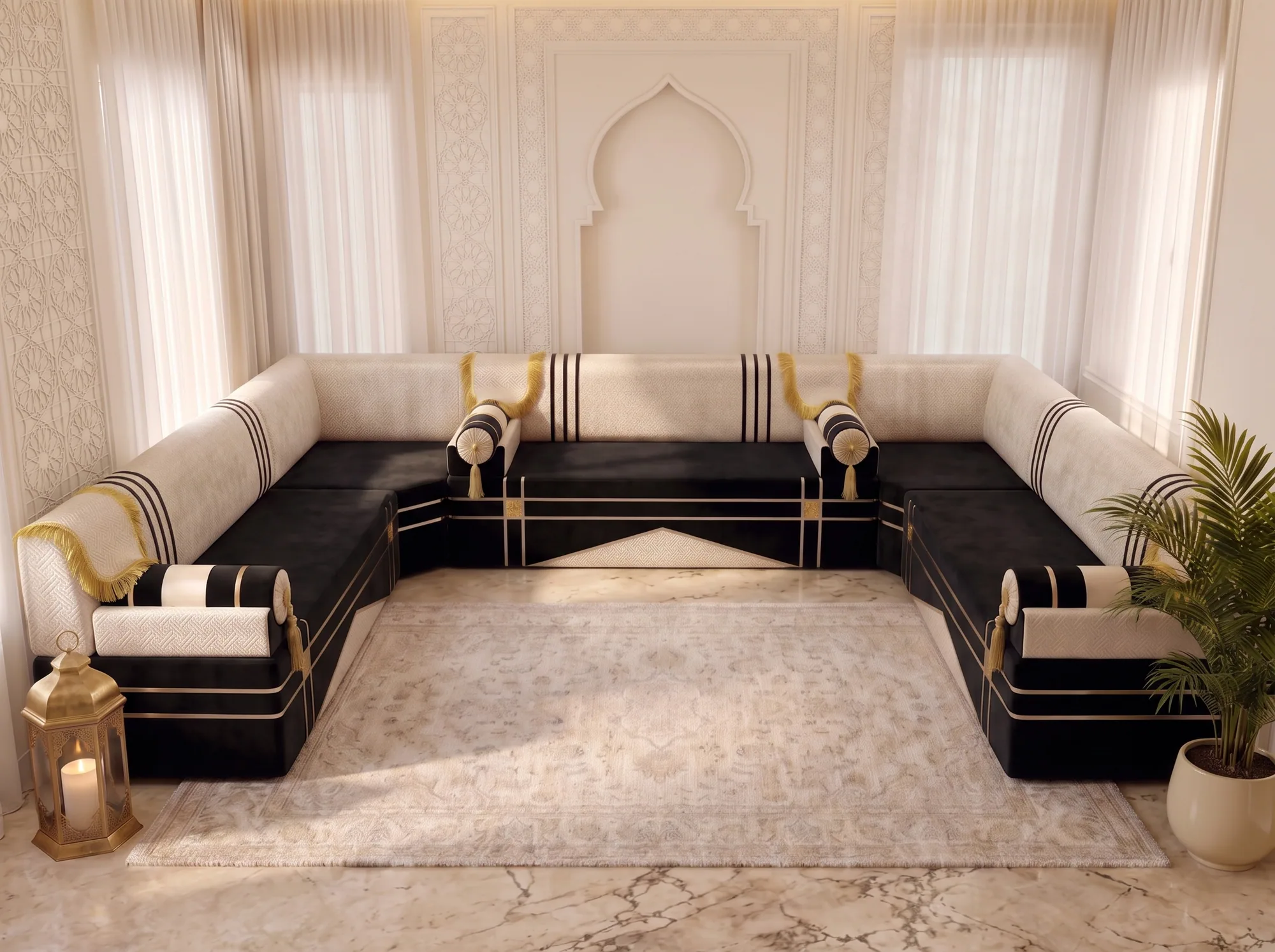 U-shaped black and cream Arabic majlis with gold fringe facing a carved arch, cream rug in the centre