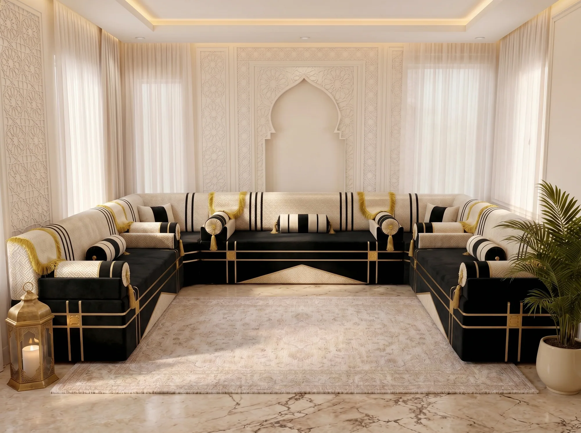 Front view of a U-shaped black and cream majlis sofa set with striped bolsters and square cushions