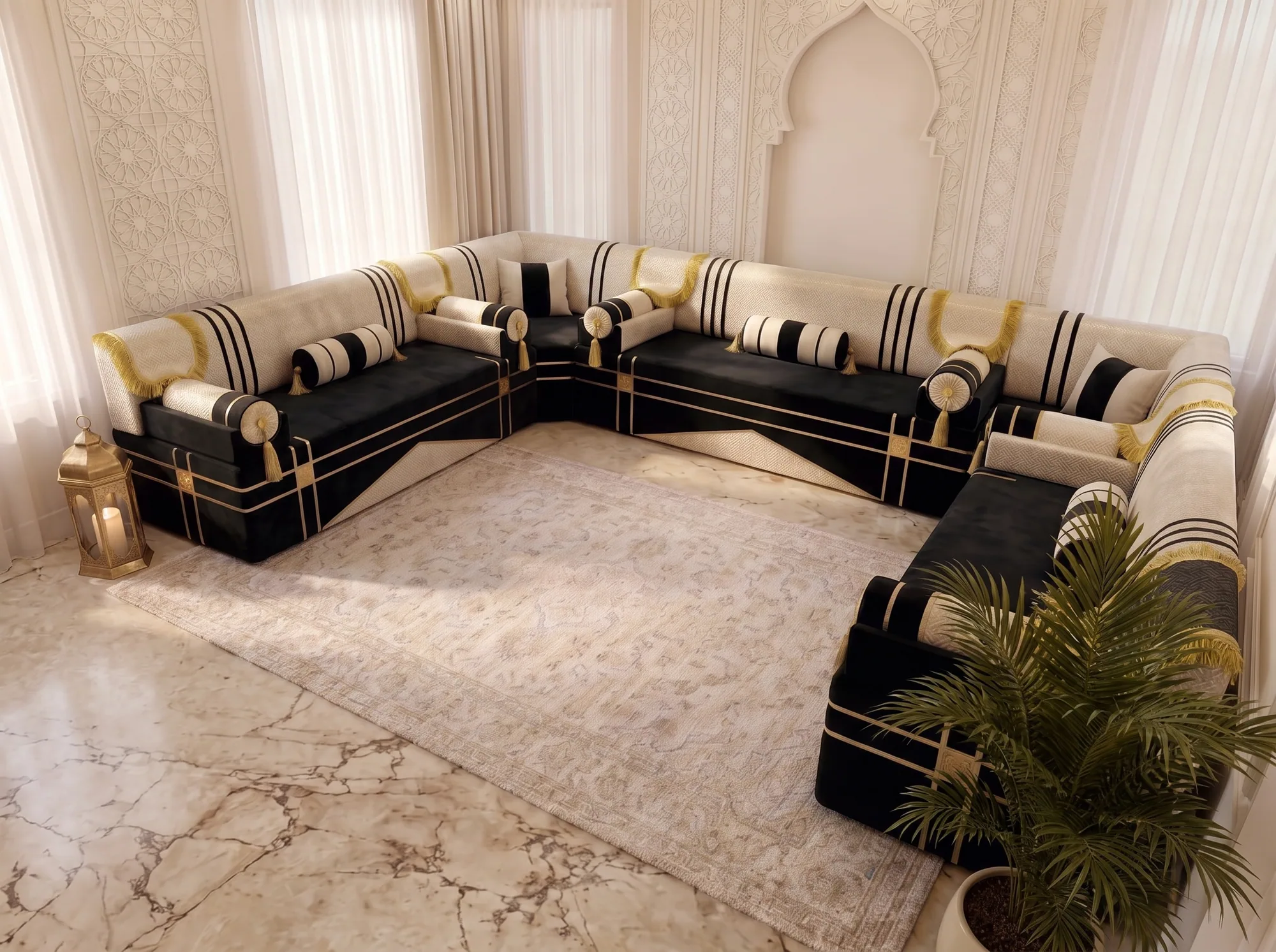 High-angle view of a black and cream Arabic jalsa with striped bolster cushions on three sides of a cream rug