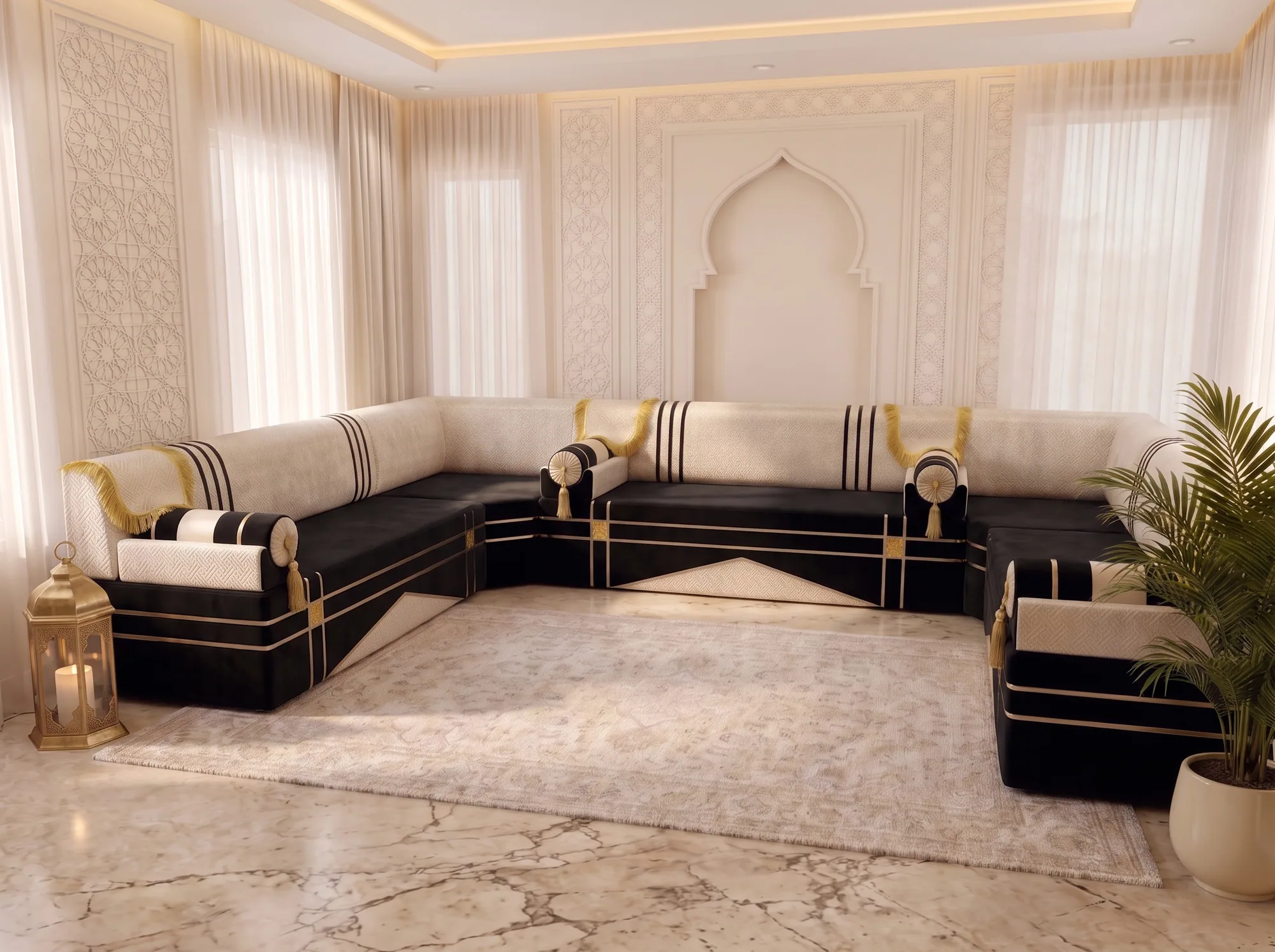 Three-quarter view of a black and cream Arabic majlis lining three walls of a room with a cove-lit ceiling