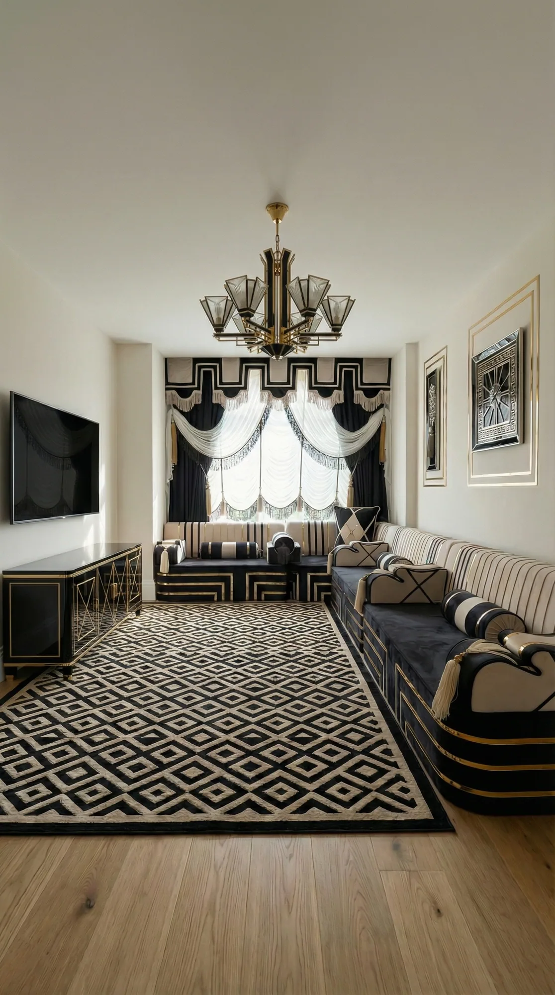 Black and cream striped Arabic majlis in an L shape with gold piping in an art-deco style living room