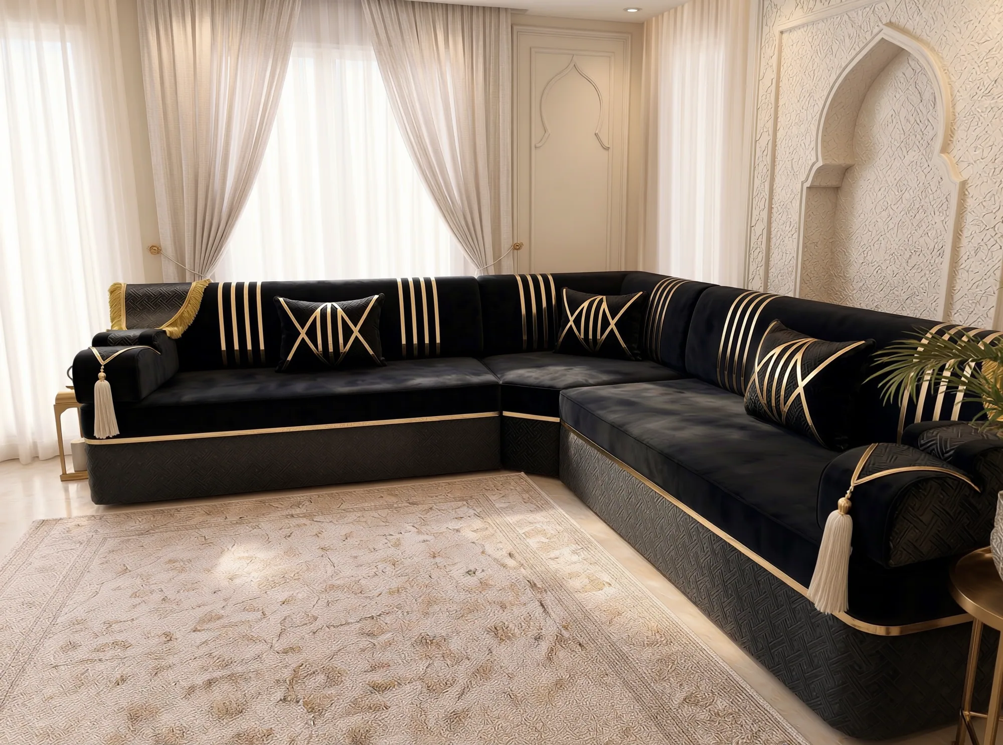 Black and gold majlis sofa set in an L shape viewed along its right side, with curtained windows behind