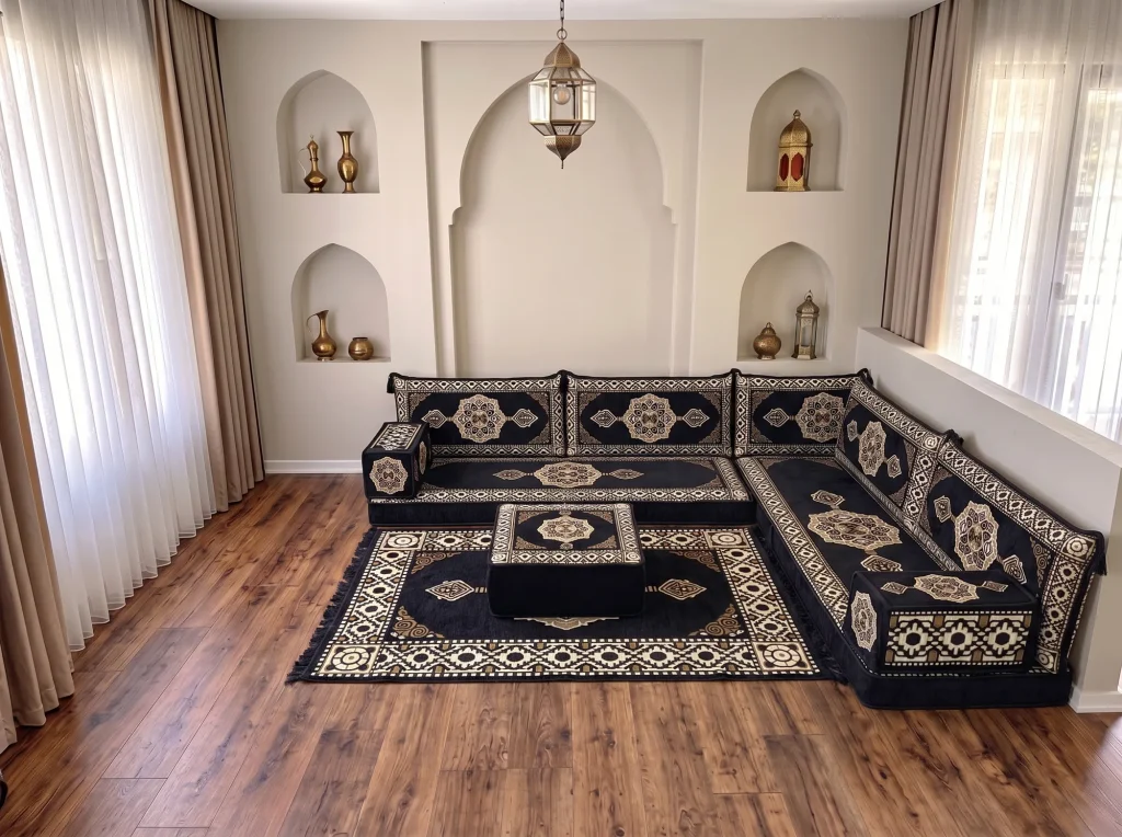 Black and gold medallion floor seating set in an L shape with a matching ottoman on a patterned rug