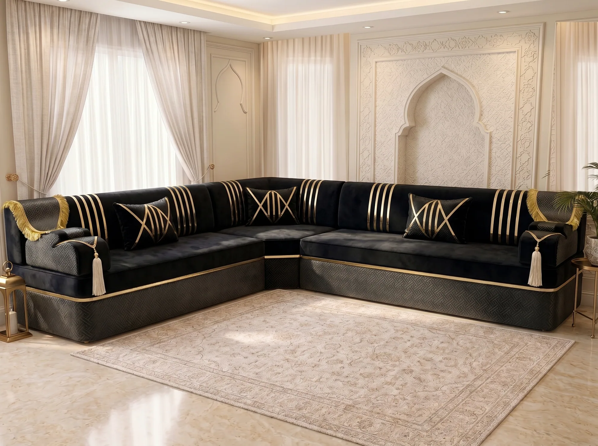 L-shaped black velvet majlis sofa with gold-striped backs and a charcoal patterned base beside a cream rug