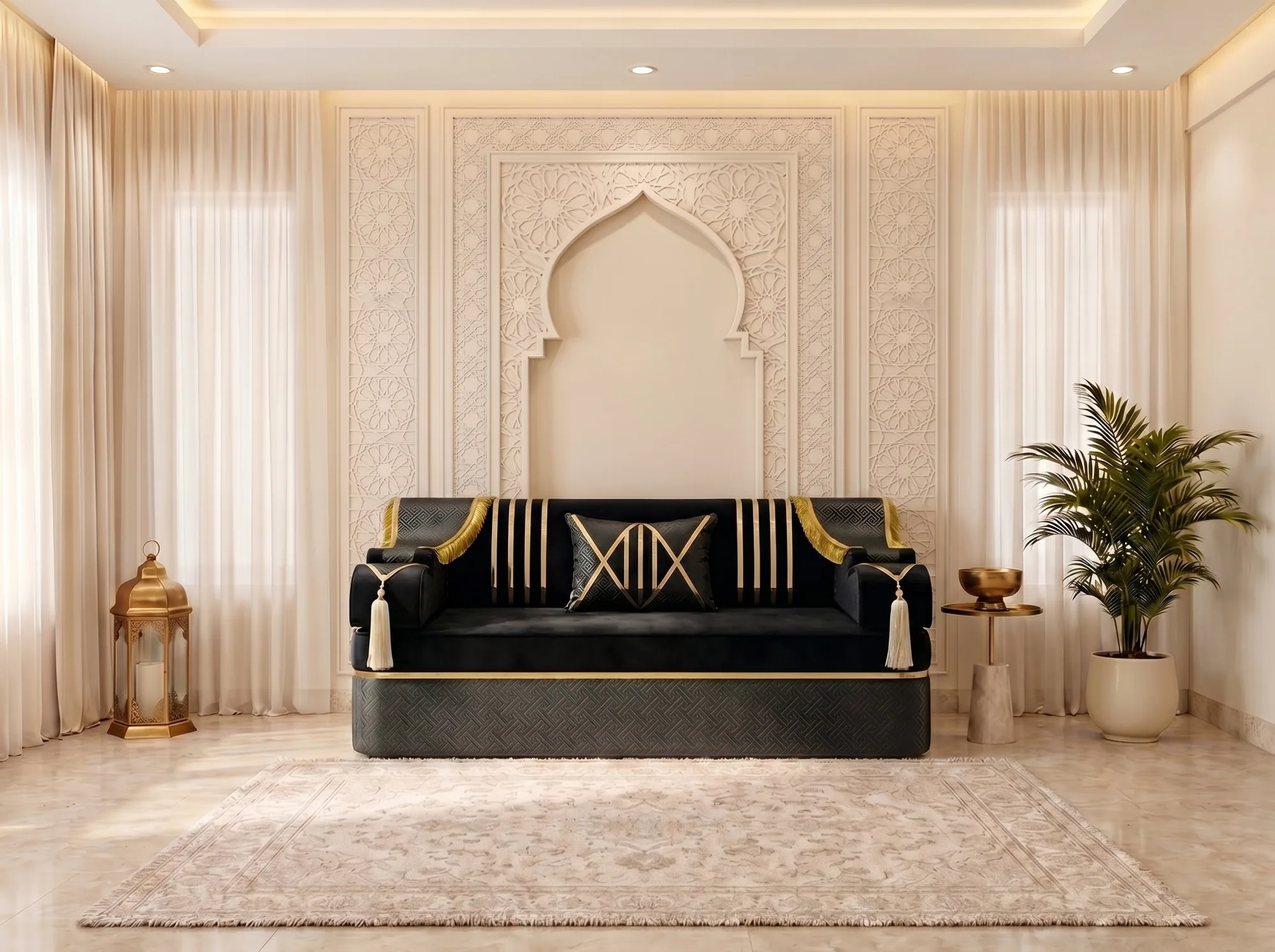 Single black velvet majlis sofa set with gold stripes and white tassels centred under a carved arch wall