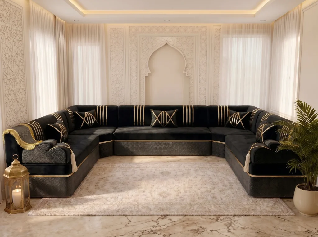 U-shaped black and gold Arabic majlis along three walls of a cream room with a carved arch niche
