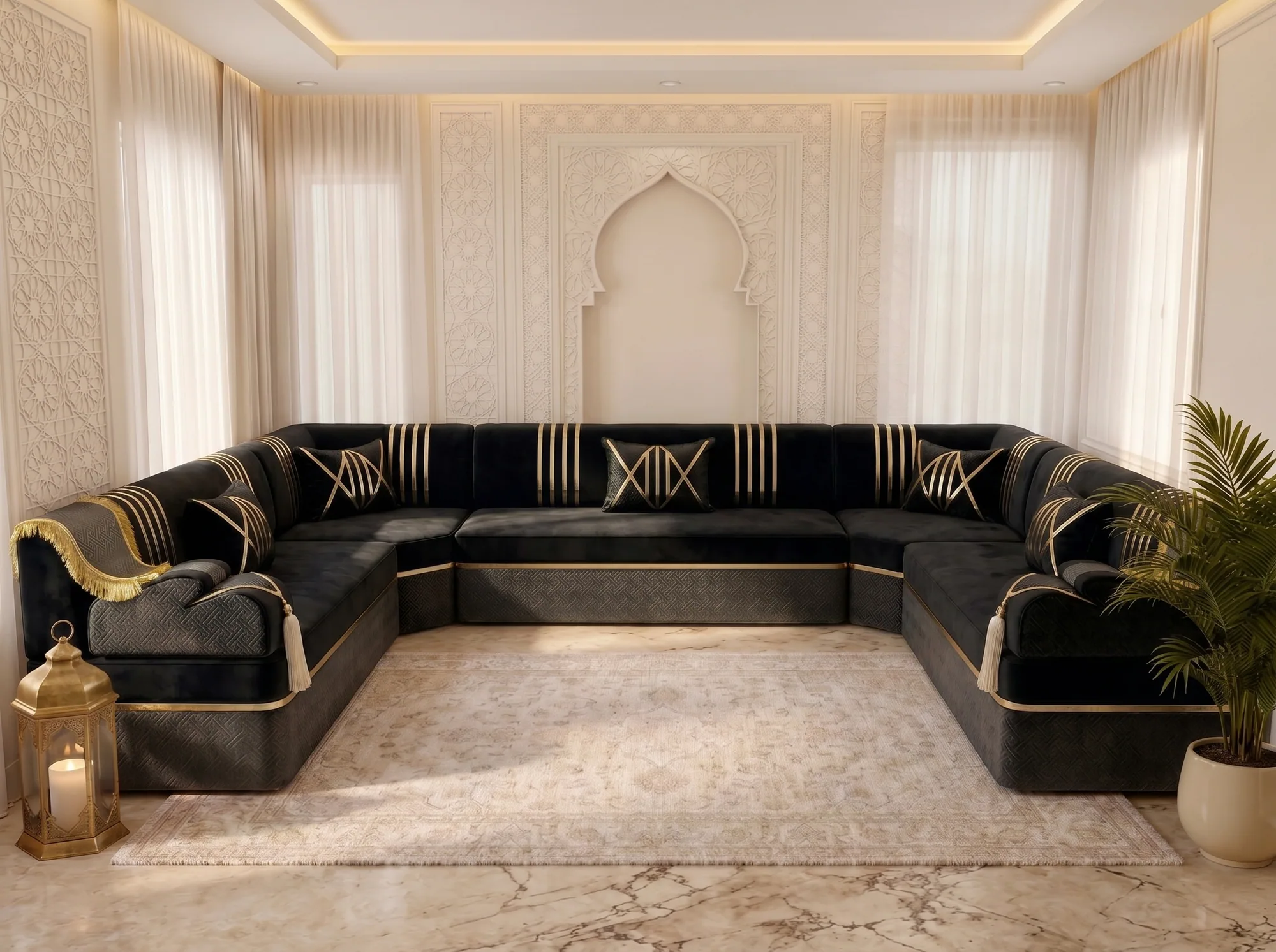 U-shaped black and gold Arabic majlis along three walls of a cream room with a carved arch niche