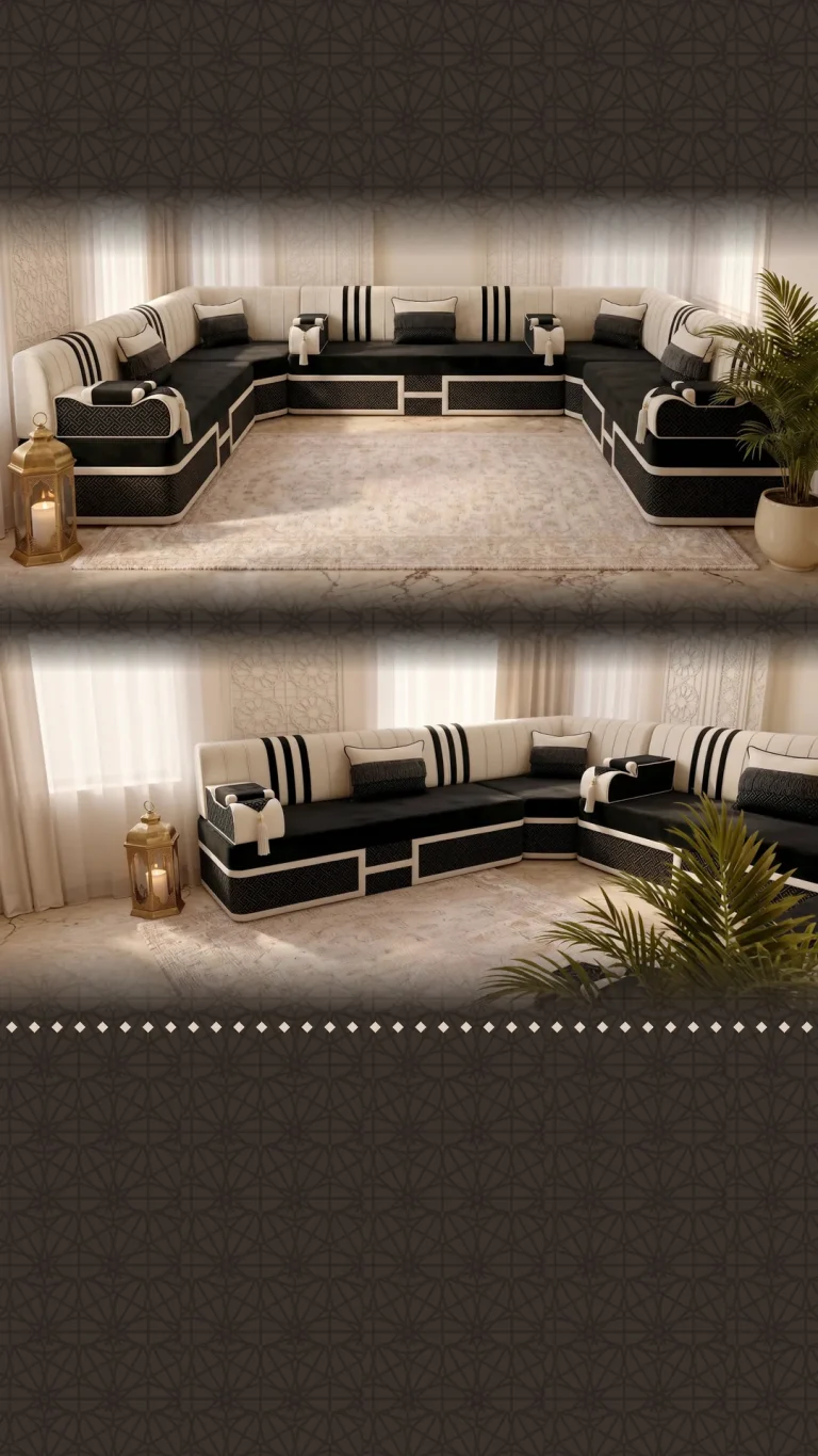 Black and ivory majlis sofa in a U shape with striped channelled backs and quilted base panels, two rendered views